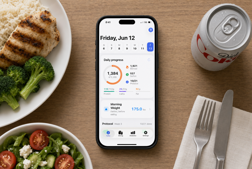 The Menu Fit app home screen showing the day's logged carbs, protein, fat, and calories
