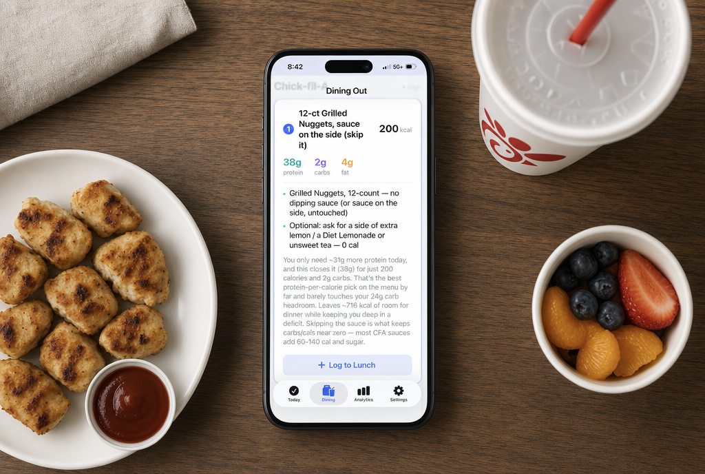 The Menu Fit app finding a meal at a restaurant using a live web search
