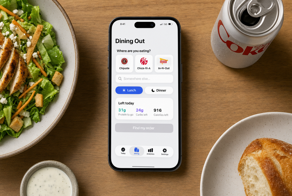 The Menu Fit app showing three suggested meal options with add buttons under each